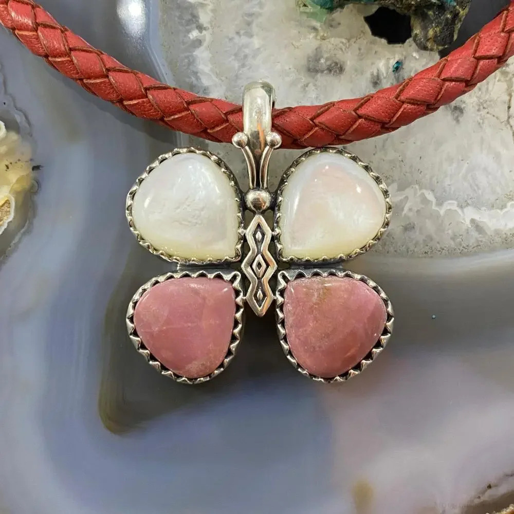 Carolyn Pollack Southwestern Style Sterling Mother of Pearl & Rhodonite Pendant - Picture 2 of 10